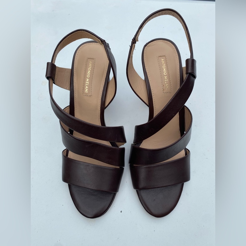 ANTONIO MELANI Dark Brown Leather Strappy Slingback Sandals